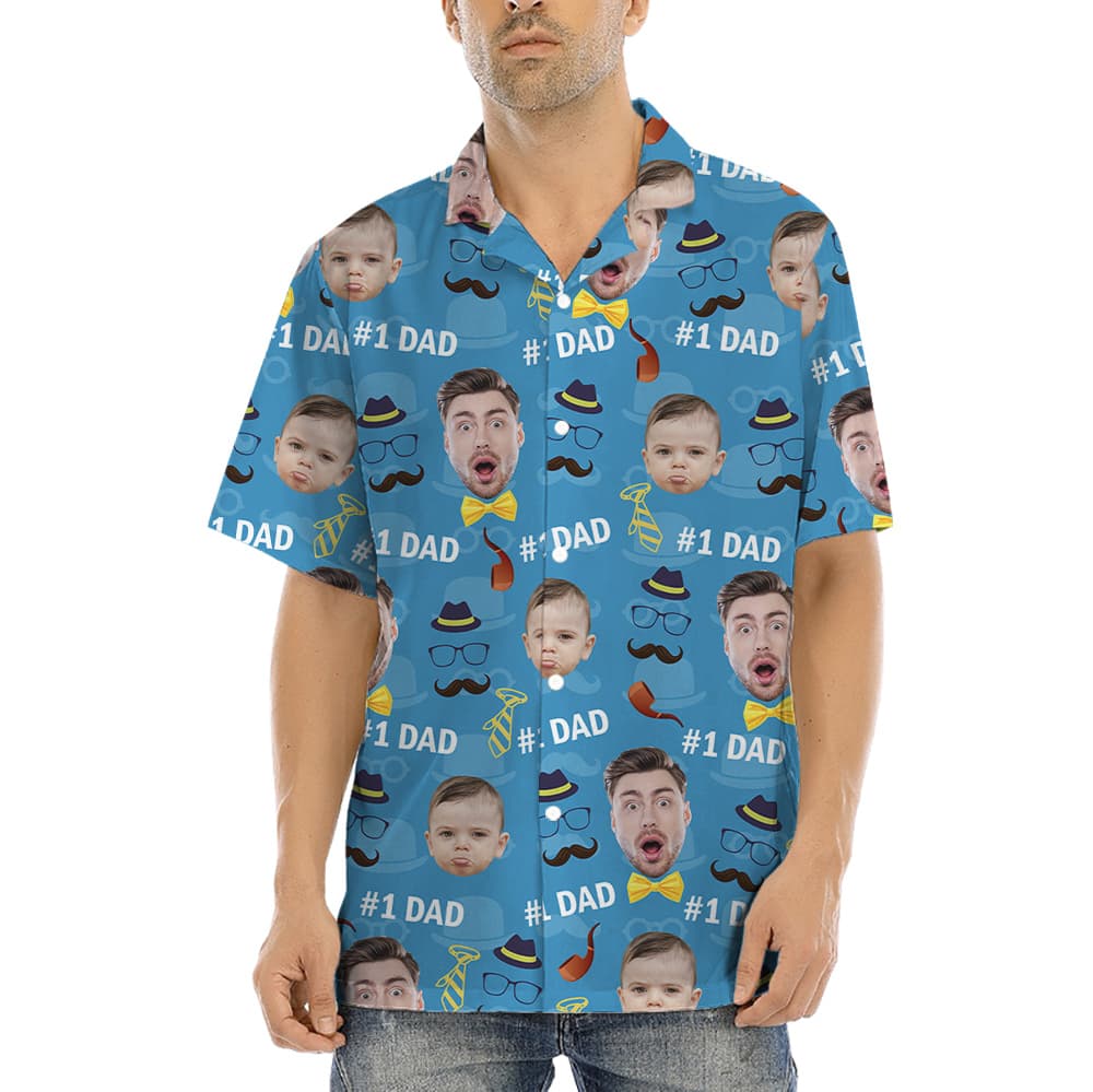 Top Dad Custom Face Father And Kids Blue Hawaiian Shirt (4)
