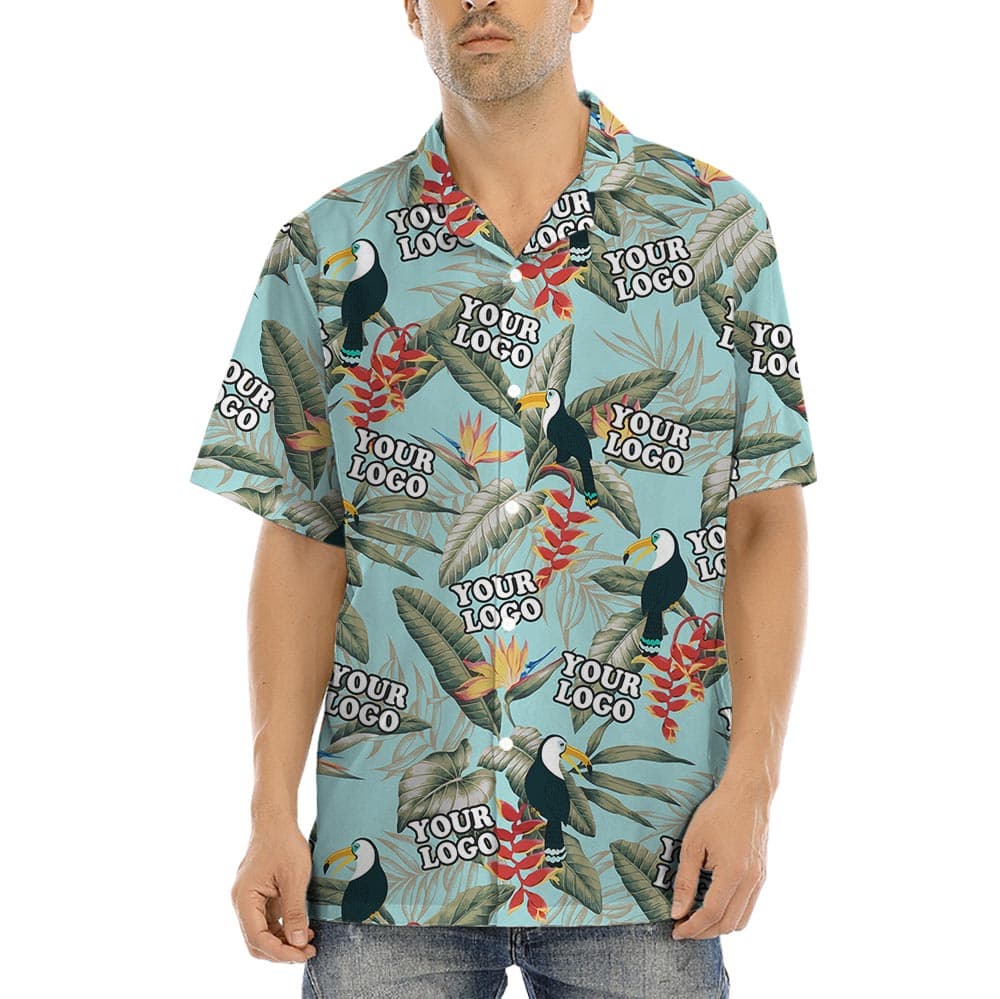 Toucan Blue Custom Logo Aloha Shirt For Men has a beautiful Hawaiian print with tropical and toucan, allows to put your company logo on the shirt
