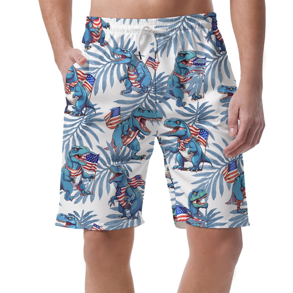 Tropical 4th Of July T-Rex Men's Hawaiian Beach Shorts