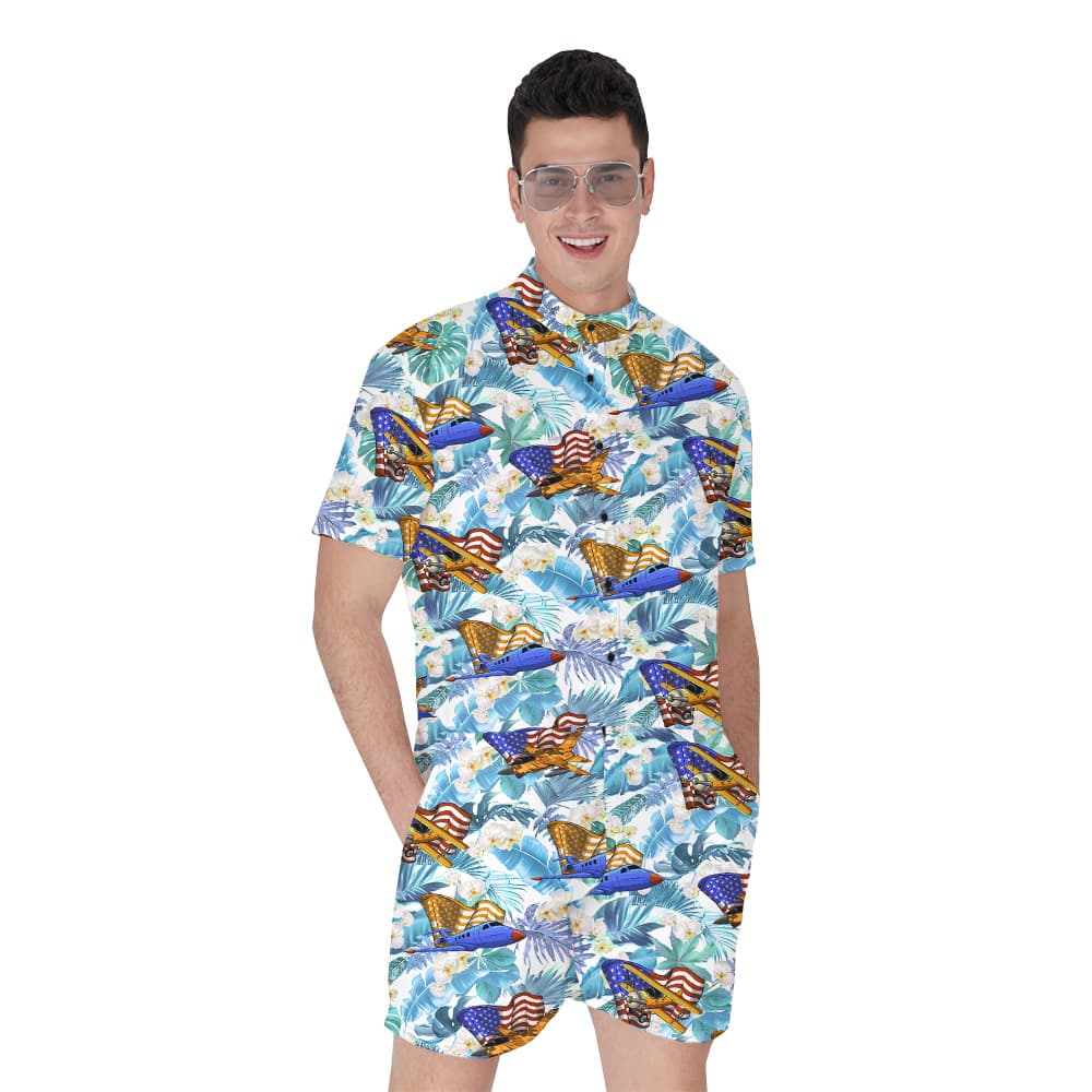 Tropical Air Planes American Flag Men's Hawaiian Romper