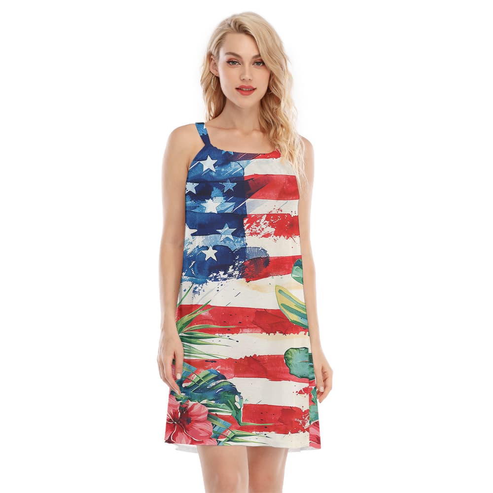 A Cami Dress with America Flag and Hawaii Leaves and Flowers