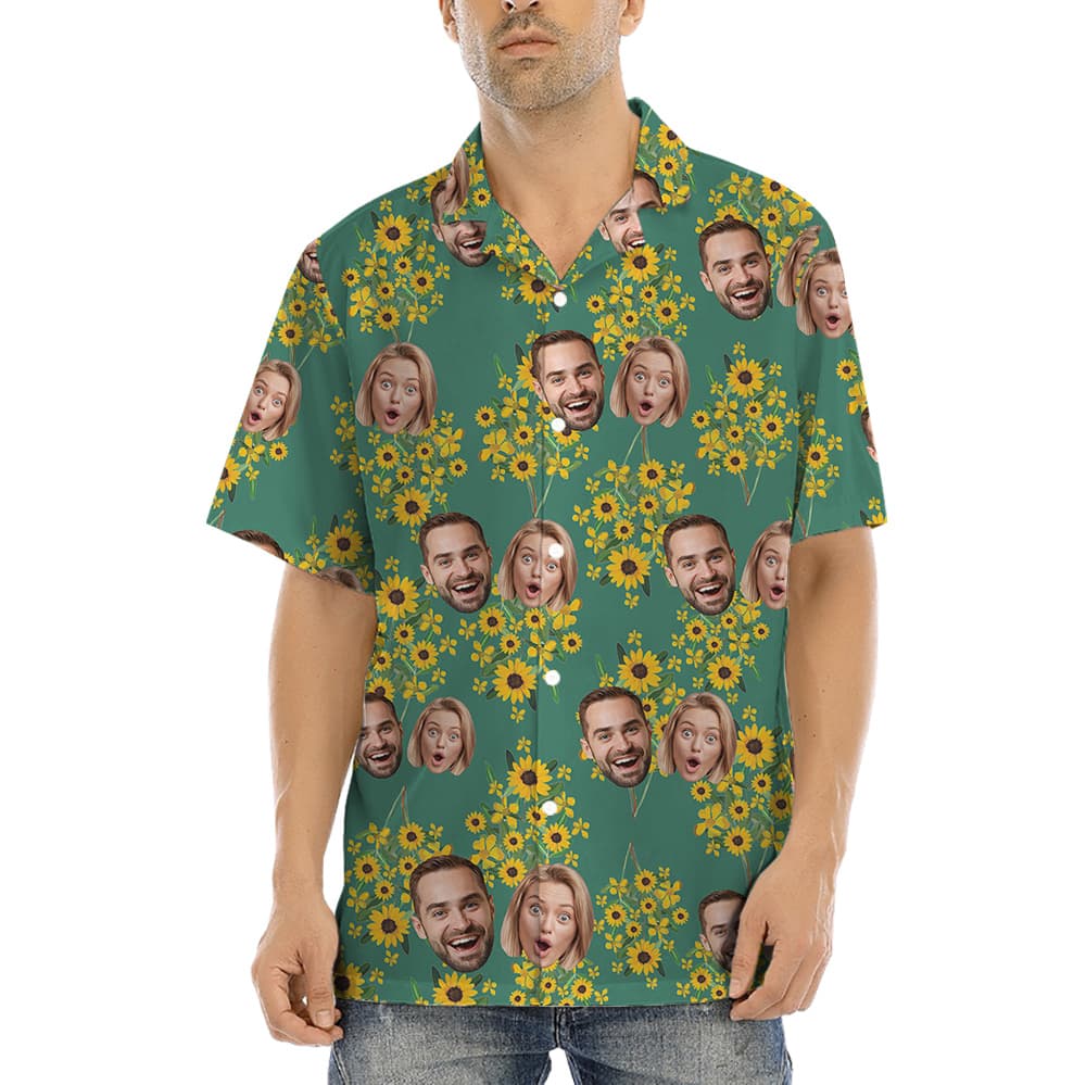 A Bula Shirt with Custom Couple Faces on Floral Background