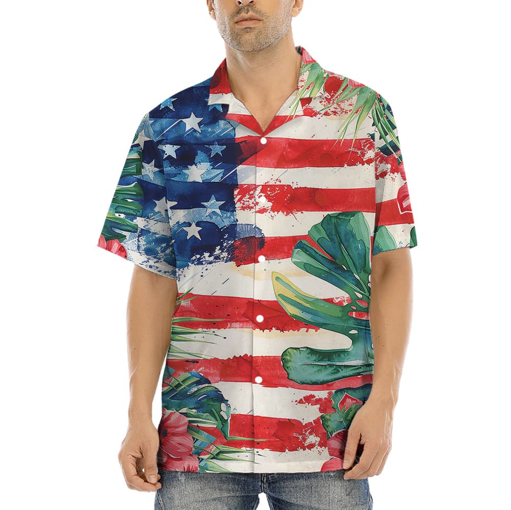 A Hawaiian Shirt with America Flag in Tropical Pattern
