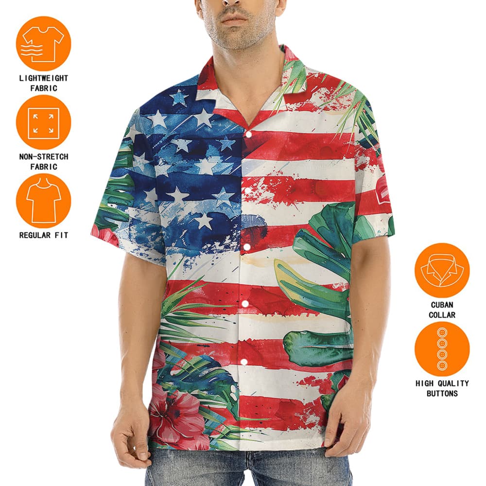 Features of Tropical Patriotic Hawaiian Men Button Up Shirt