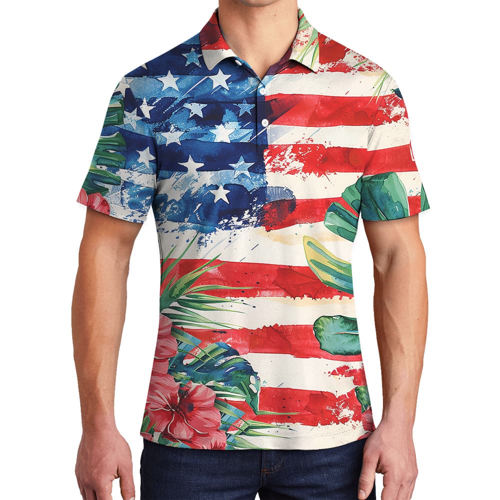 A Polo Goft Shirt for Men with America Flag and Tropical Vectors