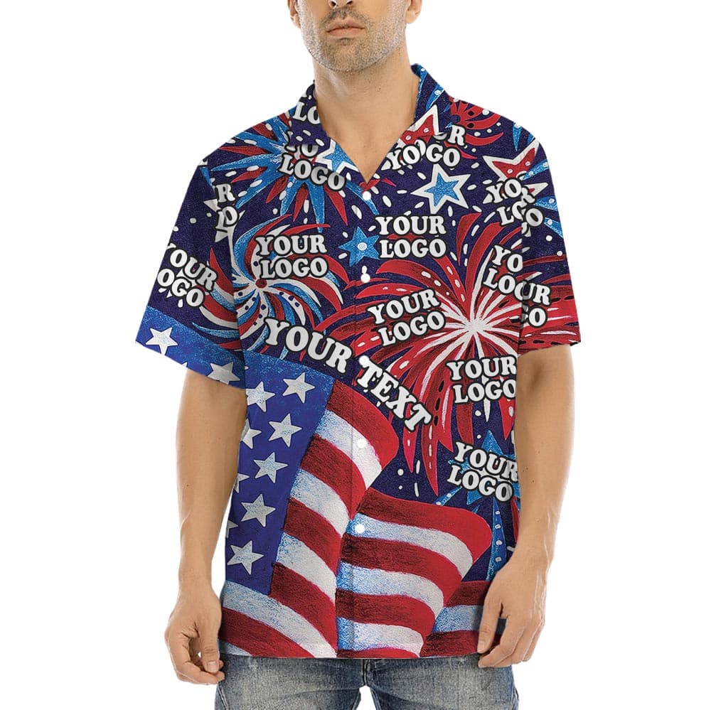USA Flag With Firework Men's Hawaiian Shirt Custom Logo is a button up shirt with short sleeves and camp collar