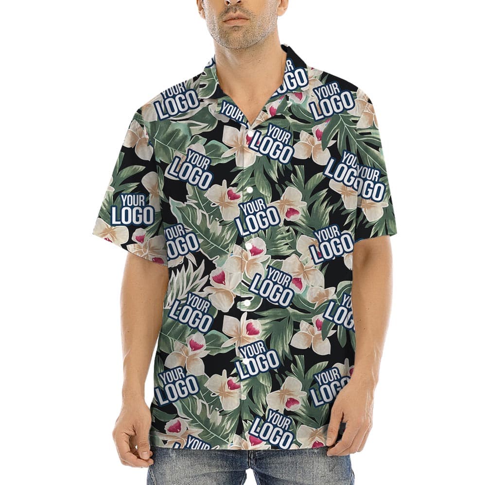 Unique Custom Tropical Shirt With Company Logo has button up style, short sleevses, and camp collar