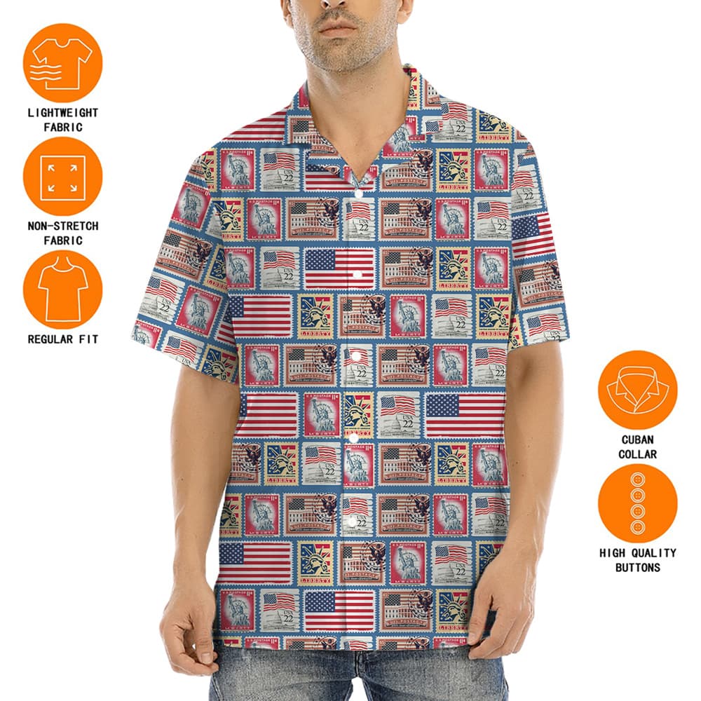 Vintage 4th Of July American Flag Stamp Hawaiian Shirt
