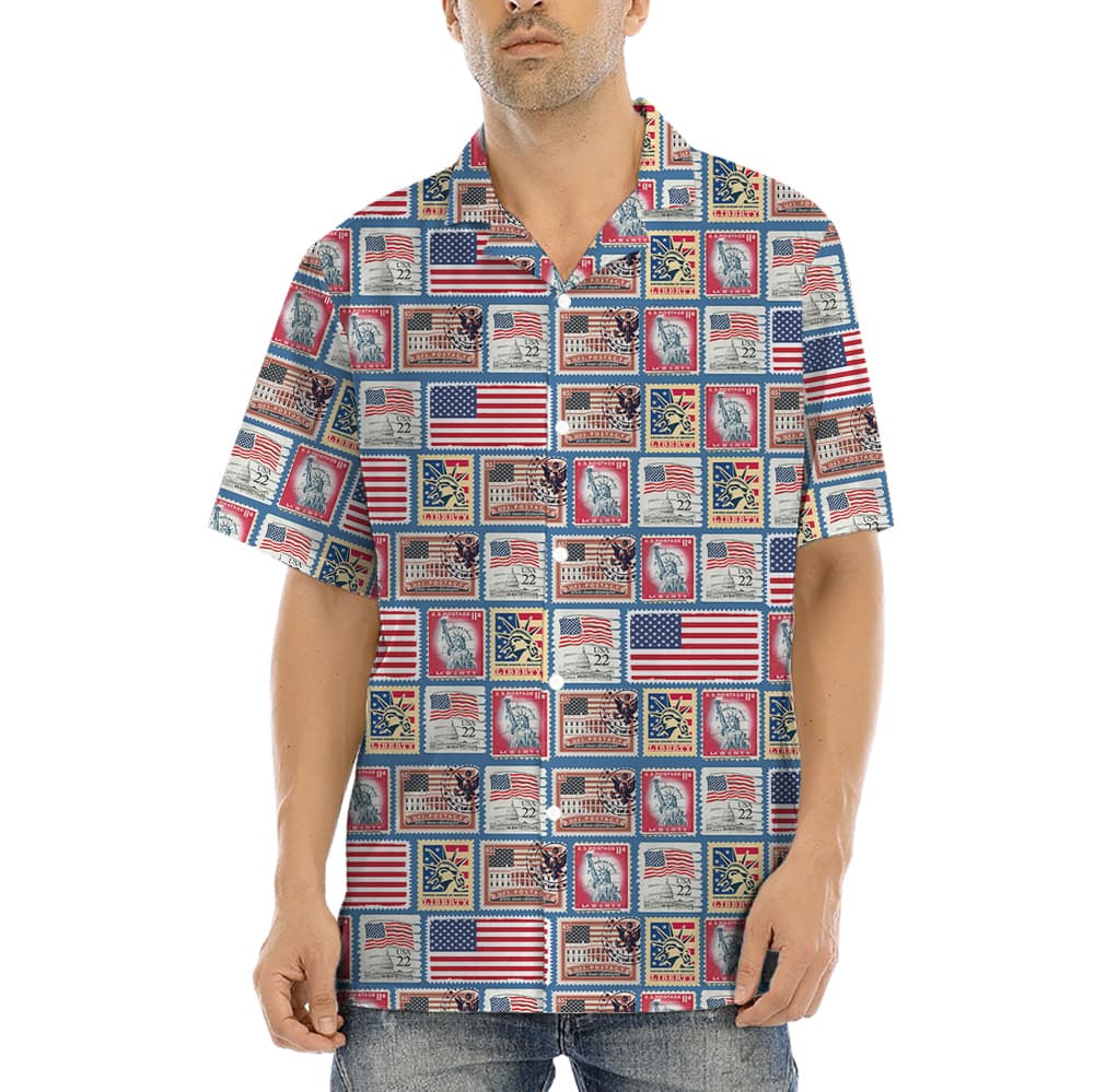 Vintage 4th Of July American Flag Stamp Hawaiian Shirt (2)