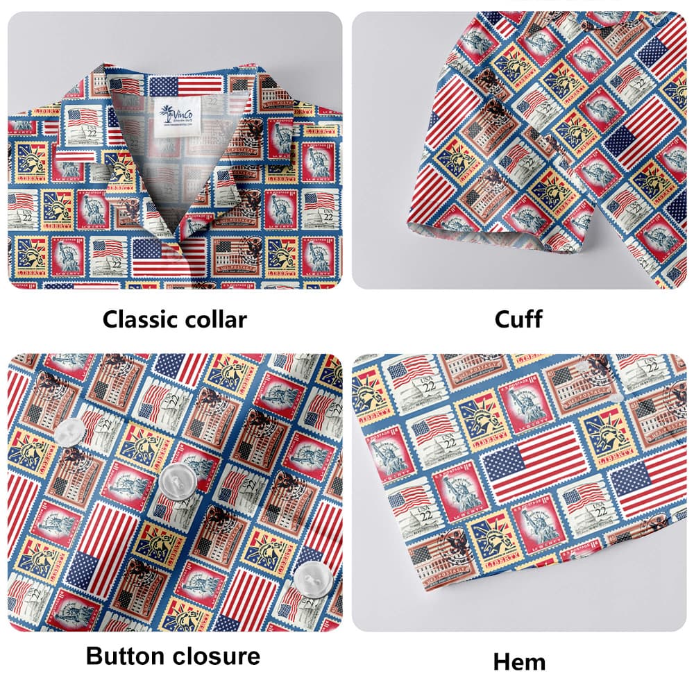 Vintage 4th Of July American Flag Stamp Hawaiian Shirt