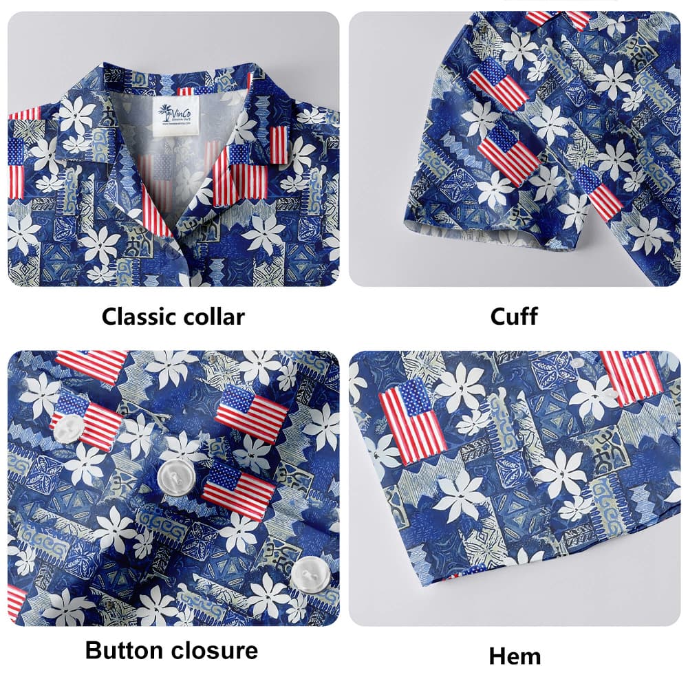 Vintage Blue Hawaiian Shirt With American Flag