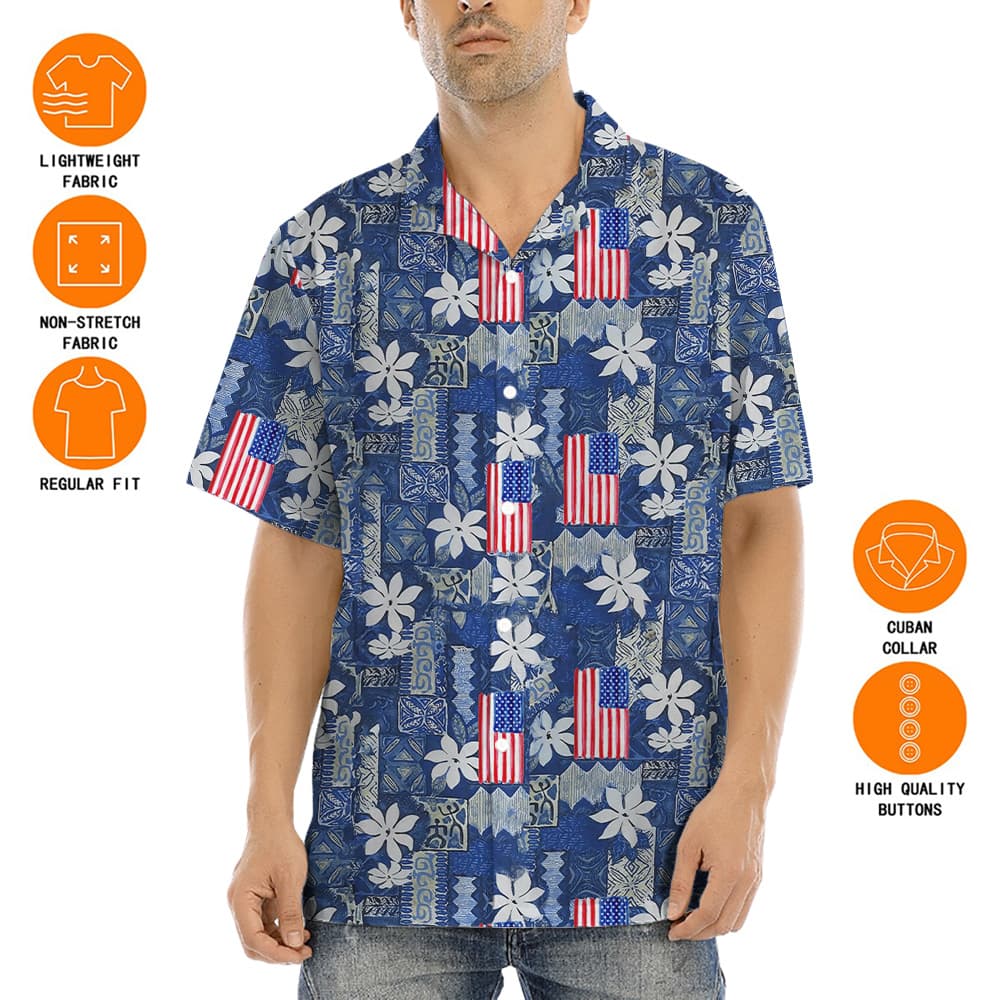 Vintage Blue Hawaiian Shirt With American Flag