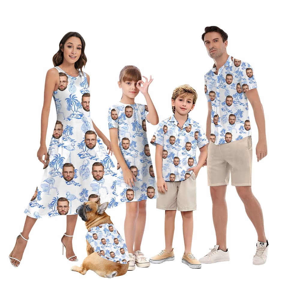 White And Blue Matching Family Aloha Outfits With Faces1