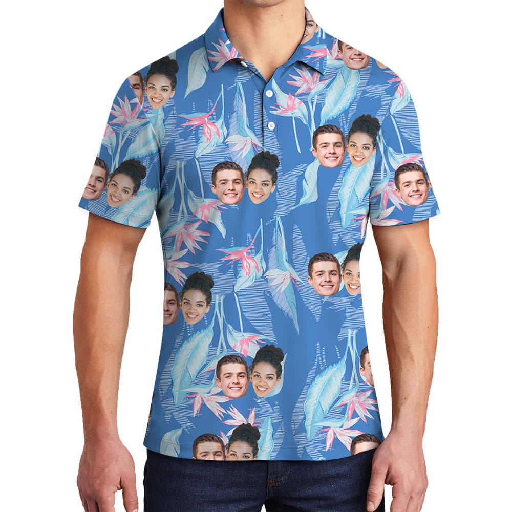1-5 Photo Print Men's Collared Polo Shirt Blue1