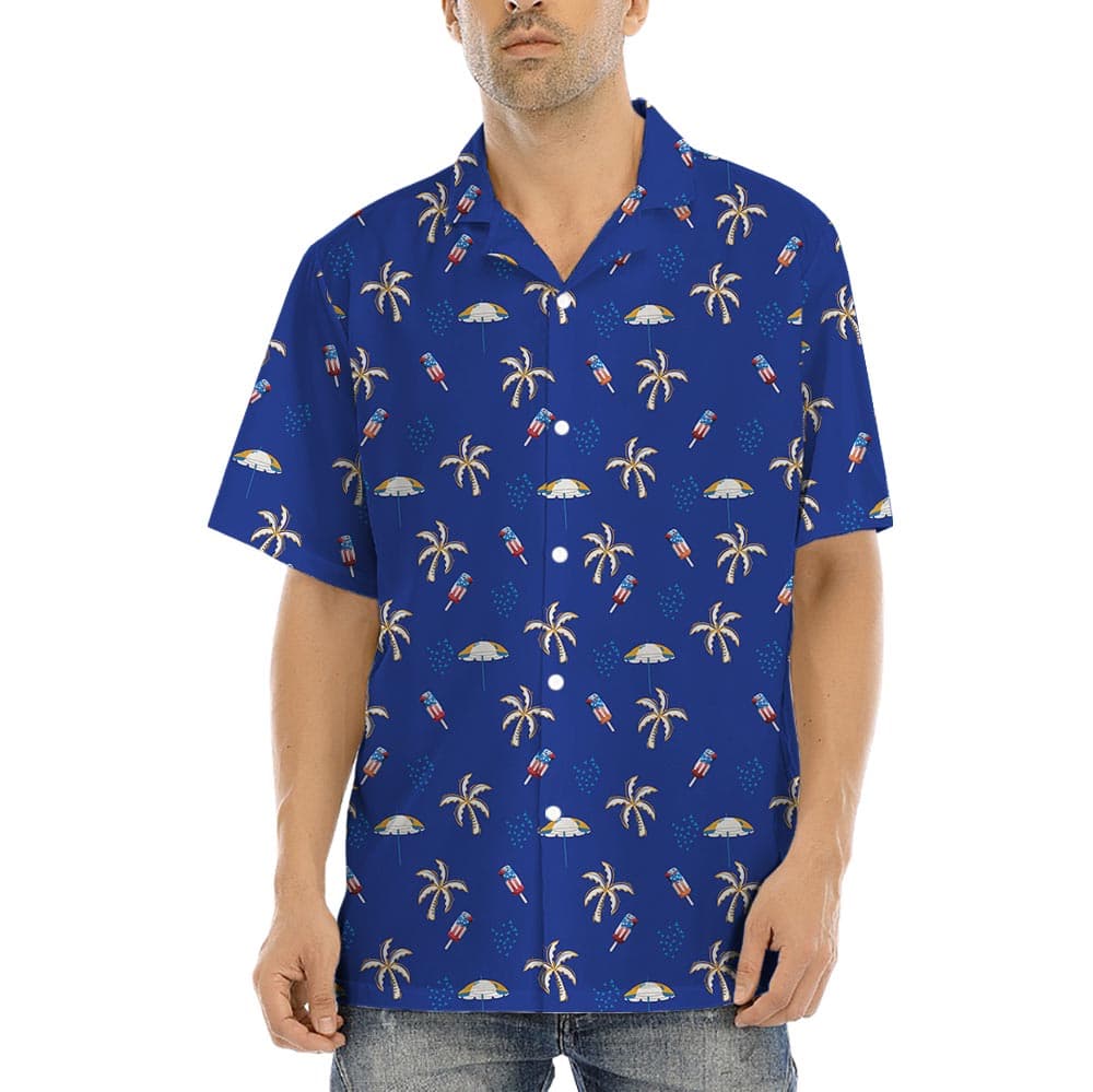 American Ice Cream Men's Hawaiian Shirt Navy has a patriotic vibe with USA flag print on the ice cream!