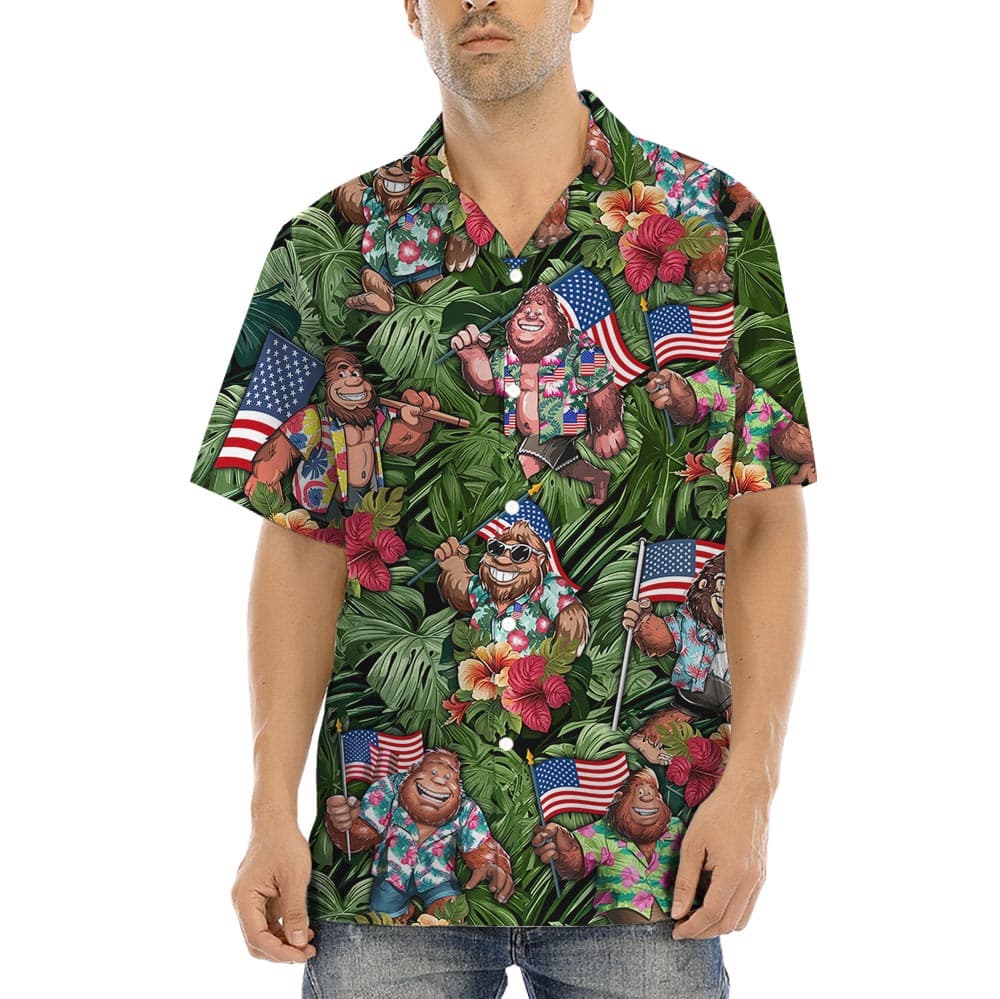 Awesome Bigfoot Patriotic Hawaiian Shirt features a beautiful tropical print with Bigfoot holding American flag looking so proud