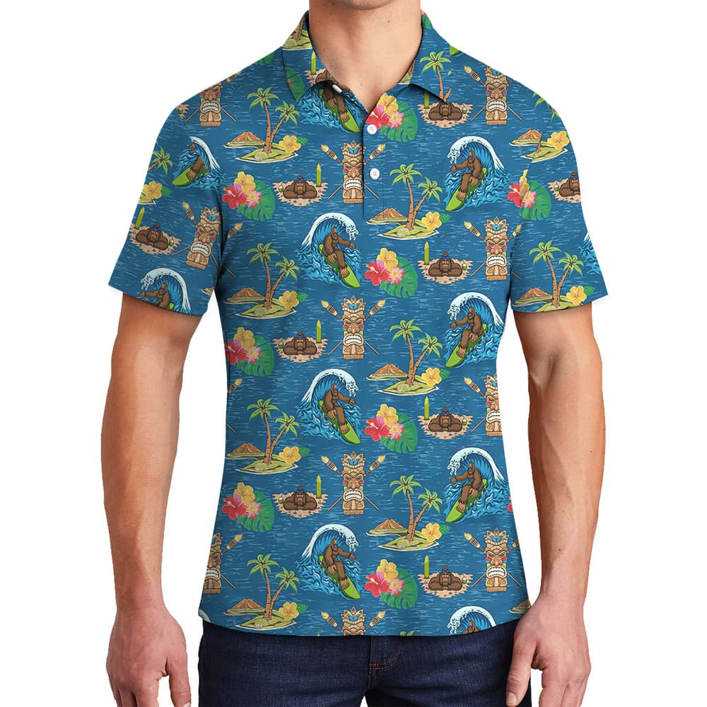 Bigfoot Blue Tiki Hawaiian Polo Golf Shirt