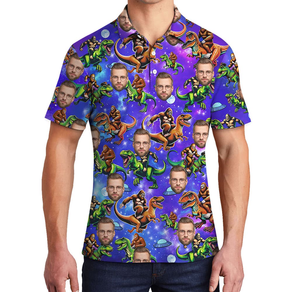 Bigfoot Riding Dinosaur Polo Golf Shirt With Faces