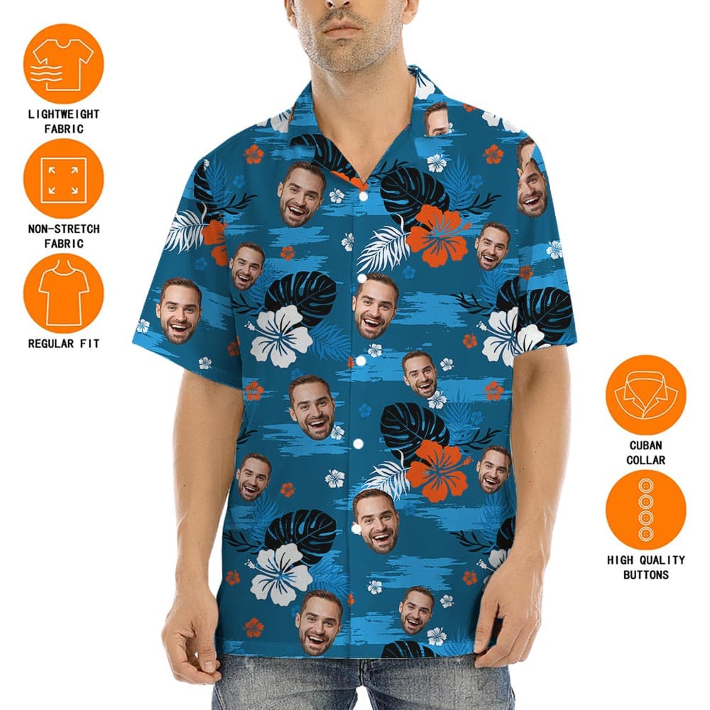 Blue Hawaiian Collared Shirt With Custom Multiple Faces with button up style and short sleeves