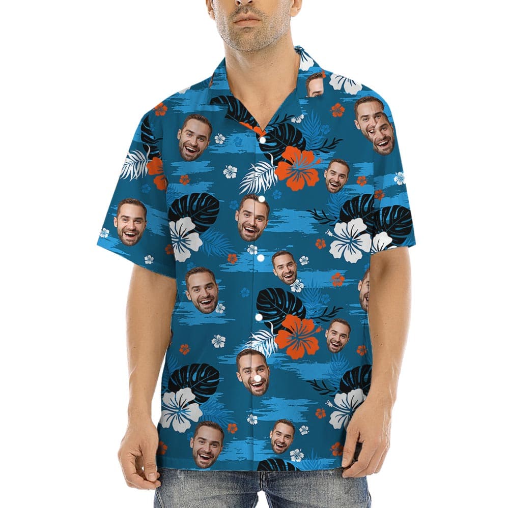 Blue Hawaiian Collared Shirt With Custom Multiple Faces has hibiscus print over a blue theme, offers a cool appearance