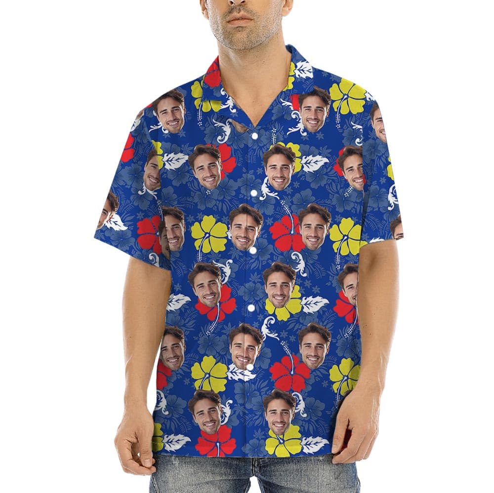 Blue Custom Tropical Shirt With 1-5 Faces For Men with hibiscus print of red and yellow