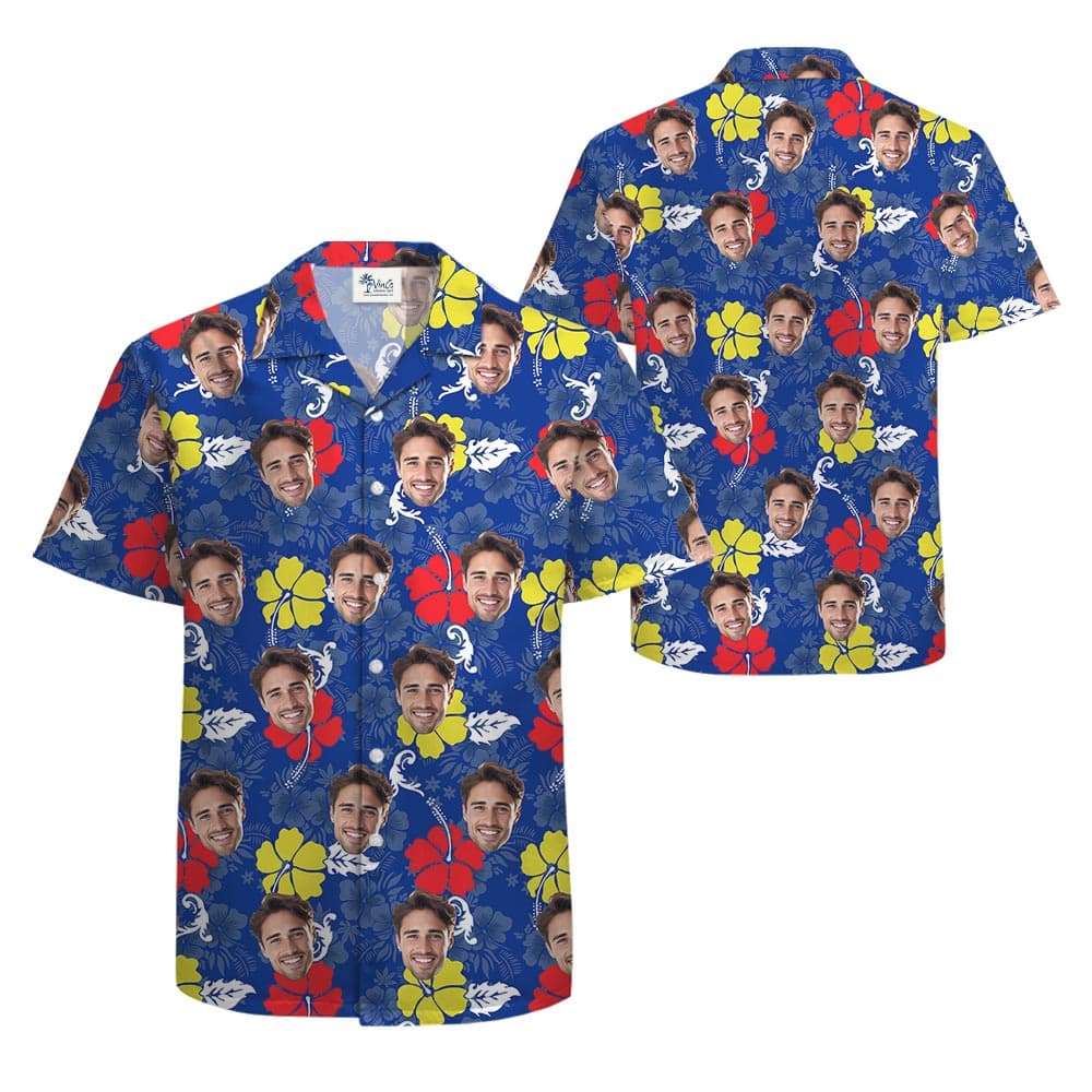 Blue Custom Tropical Shirt With 1-5 Faces For Men with hibiscus and leaves