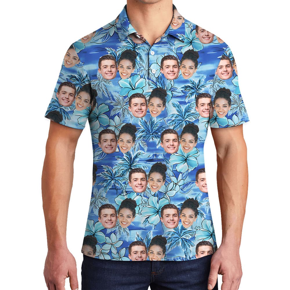 Blue Floral Theme Collared Polo Shirt With 5 Faces