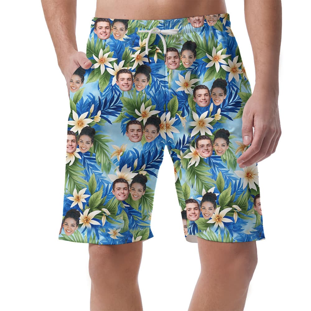 Blue Men's Beach Shorts With Floral And Multiple Faces