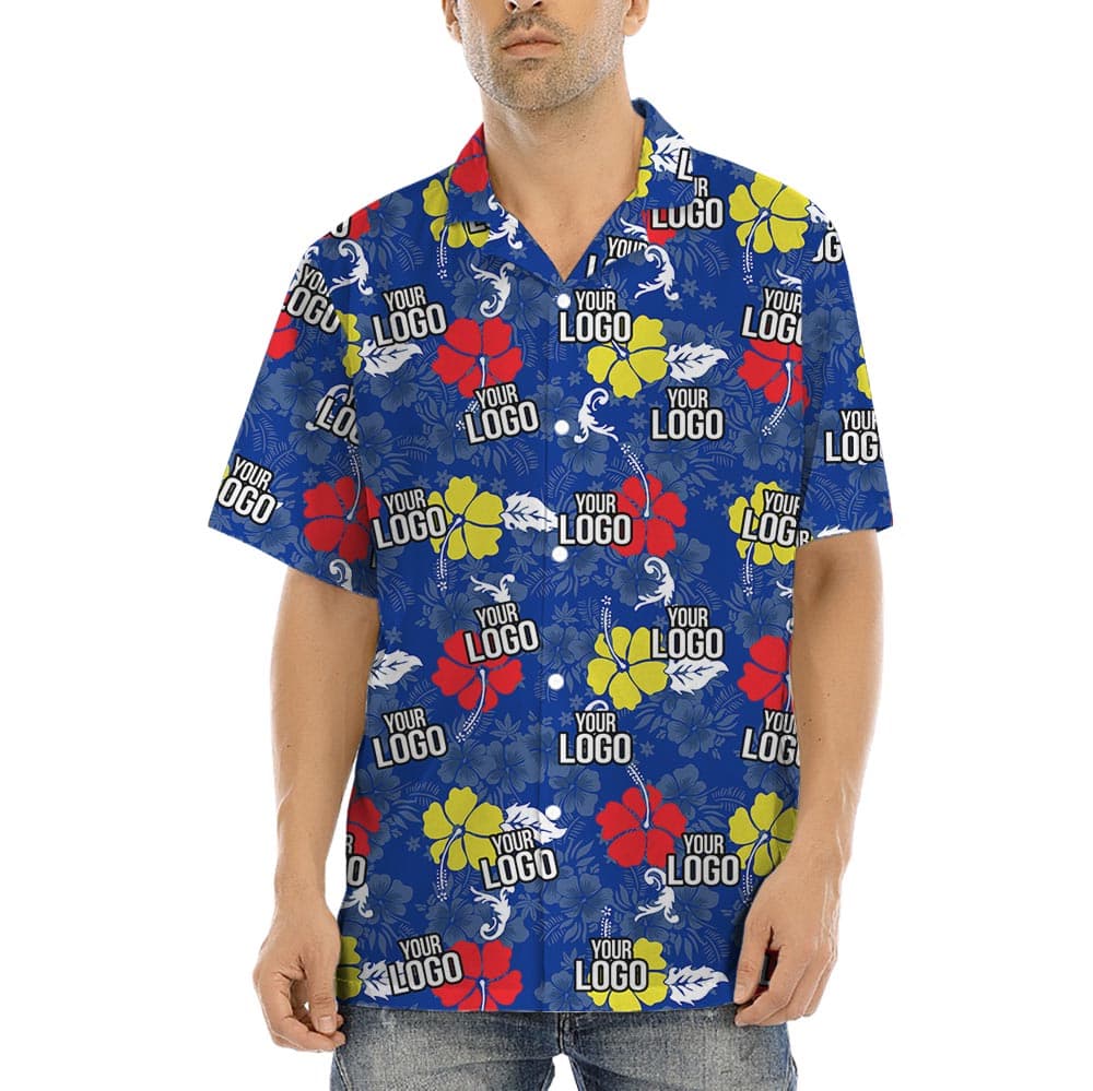 Blue Personalized Aloha Shirt With Company Logo has tropical theme with hibiscus in blue canvas