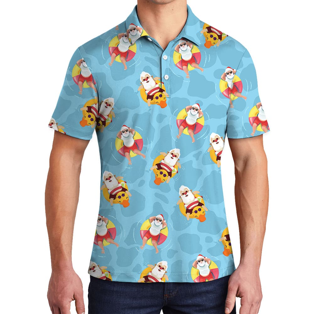 Blue Pool Santa Chrissie Hawaiian Collared Golf Shirt1