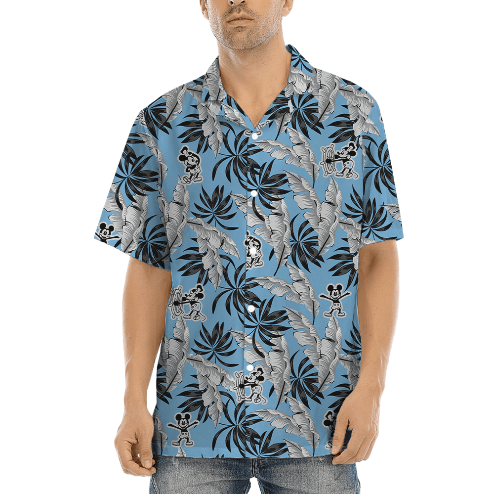 Blue Tropical Leaves Mickey Steamboat Willie Hawaiian Shirt (1)