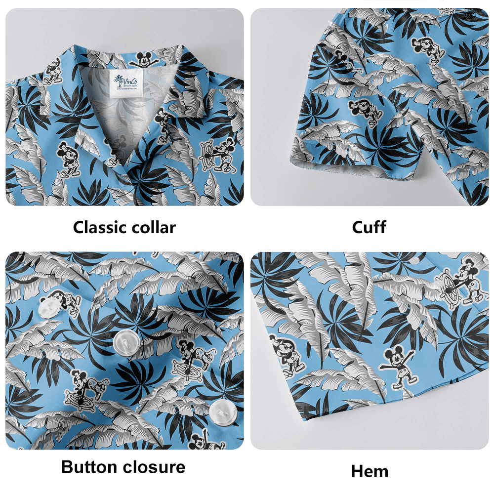 Blue Tropical Leaves Mickey Steamboat Willie Hawaiian Shirt