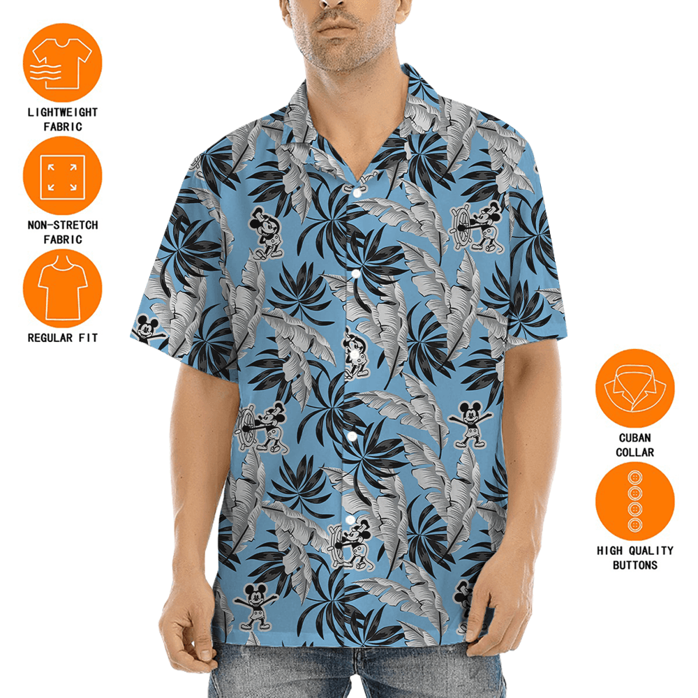 Blue Tropical Leaves Mickey Steamboat Willie Hawaiian Shirt