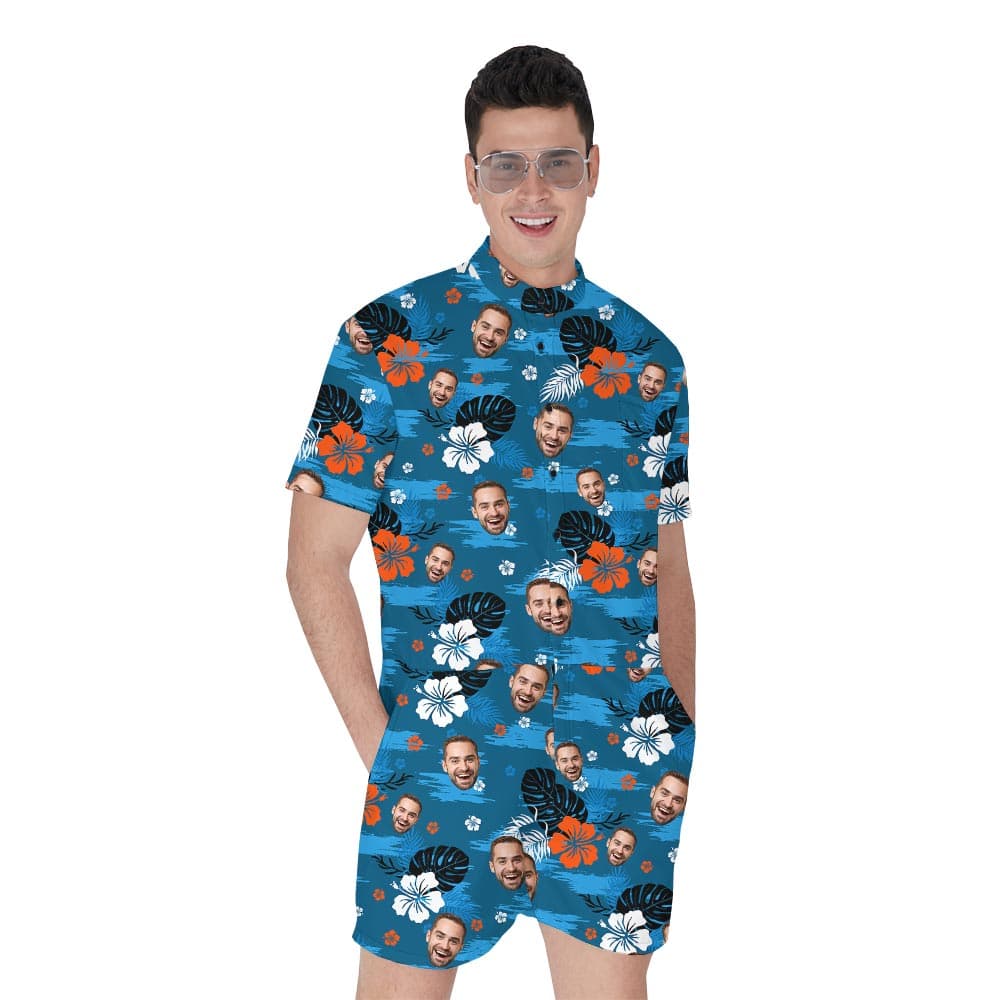 Blue Tropical Male One Piece Romper With Custom Face allows custom 1-5 faces on the blue theme with hibiscus