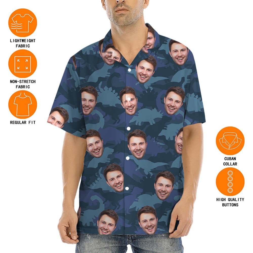 Camouflage Dinosaur Hawaiian Shirt With Custom Face