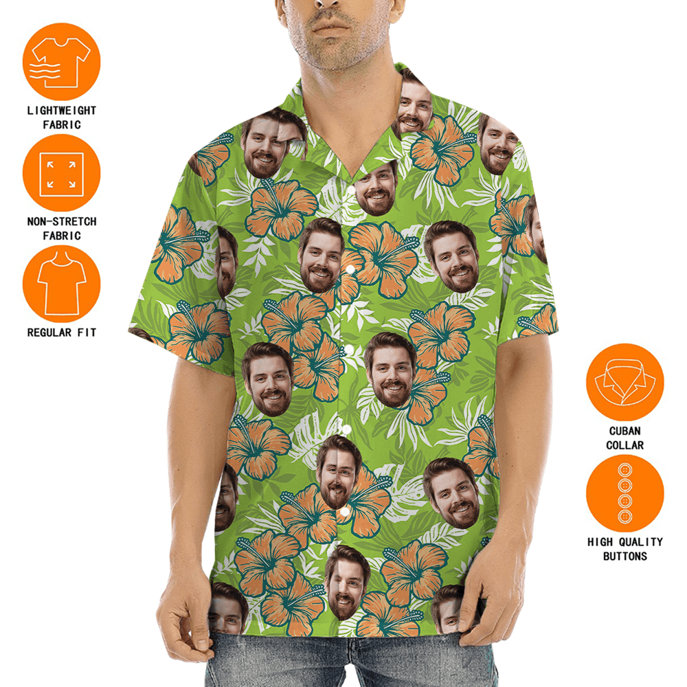 Classic Hibiscus Custom Face Green Hawaiian Shirt