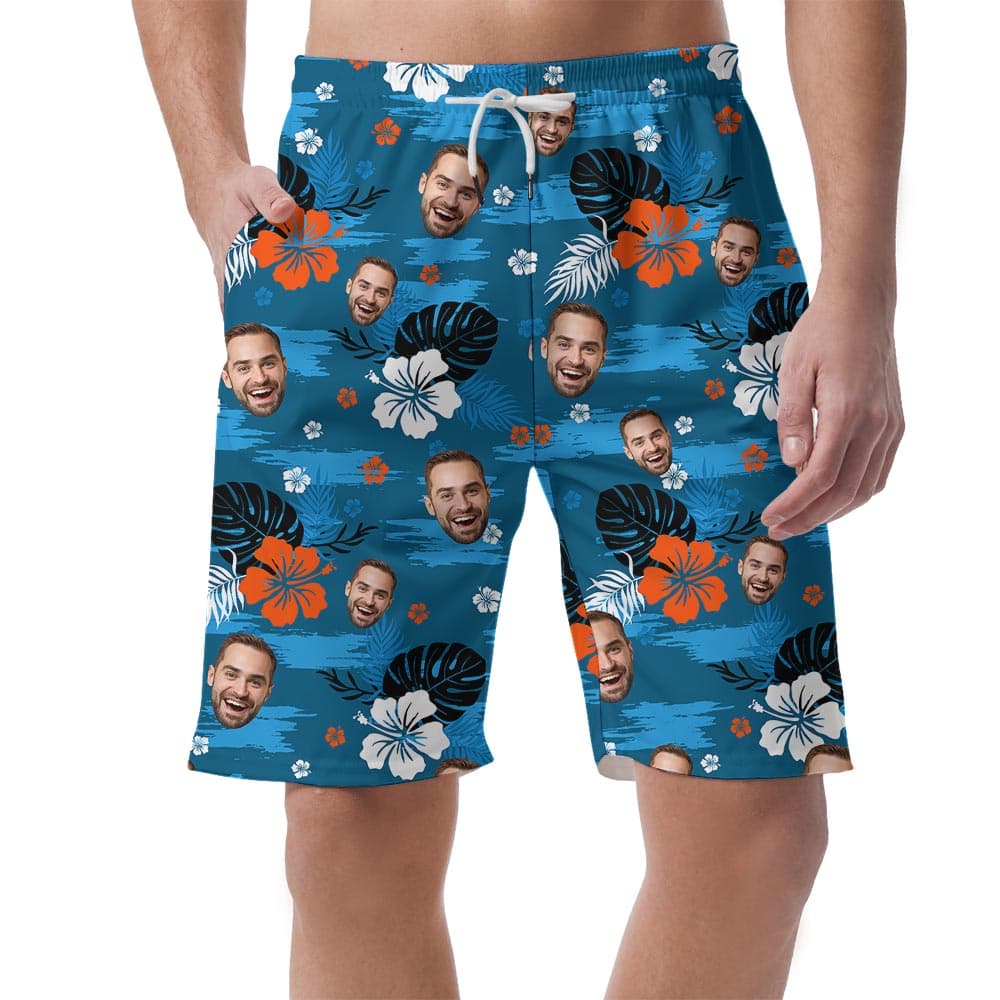 Cool Blue Men's Hawaiian Shorts With Faces For Summer with pockets and strips for convenience