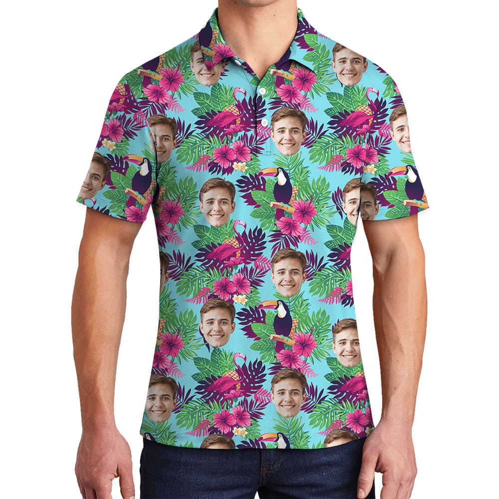 Cool Custom Face Men's Polo Shirt With Toucan Tropical Print