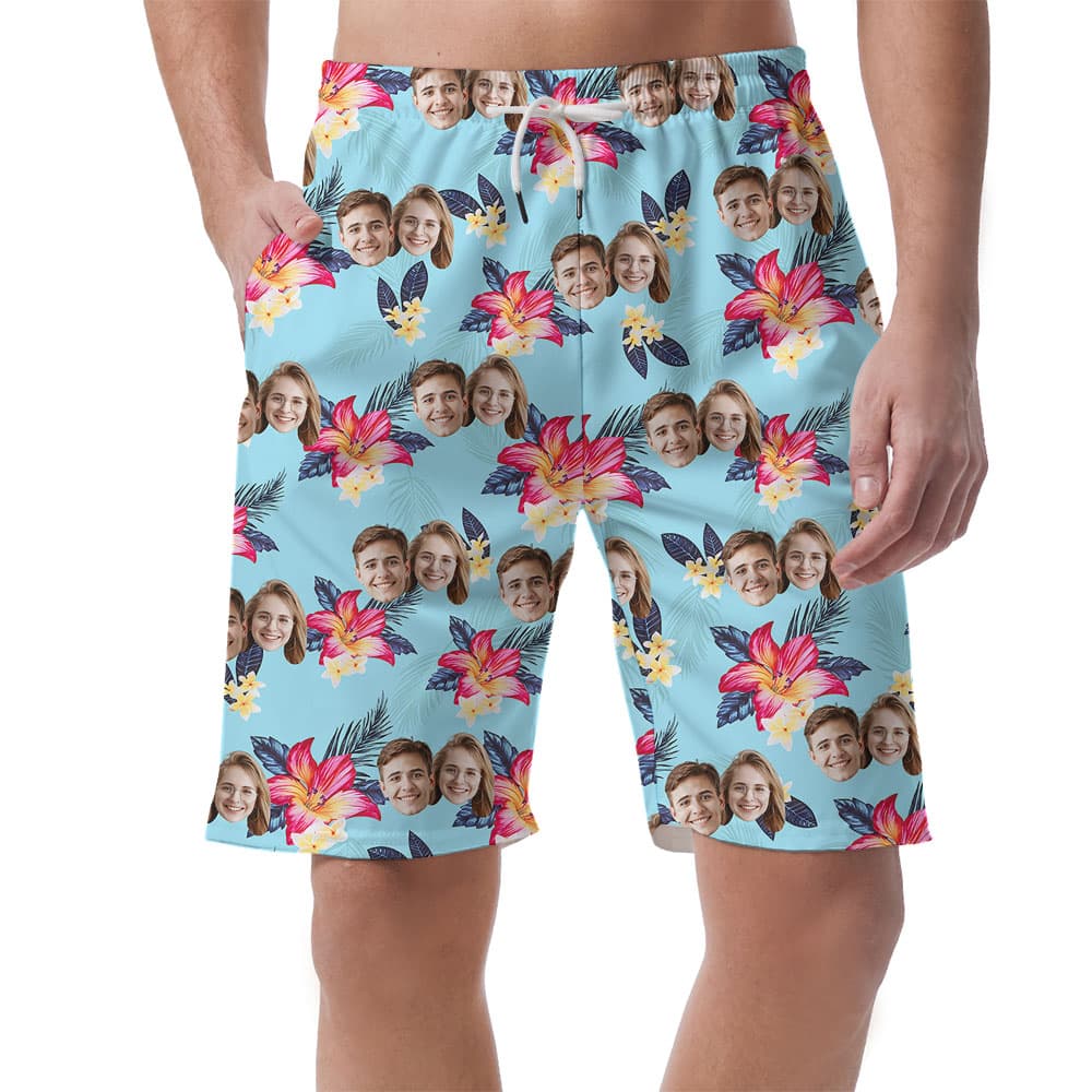 Cool Floral Men's Beach Shorts With Custom Faces