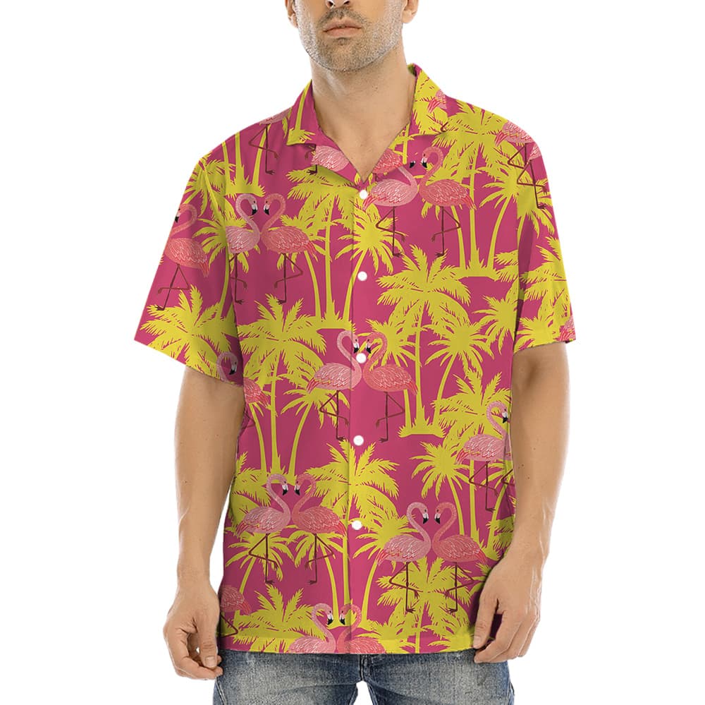 Couple Flamingo Hawaiian Button Up Shirt with Pink And Yellow Coconut Tree Theme