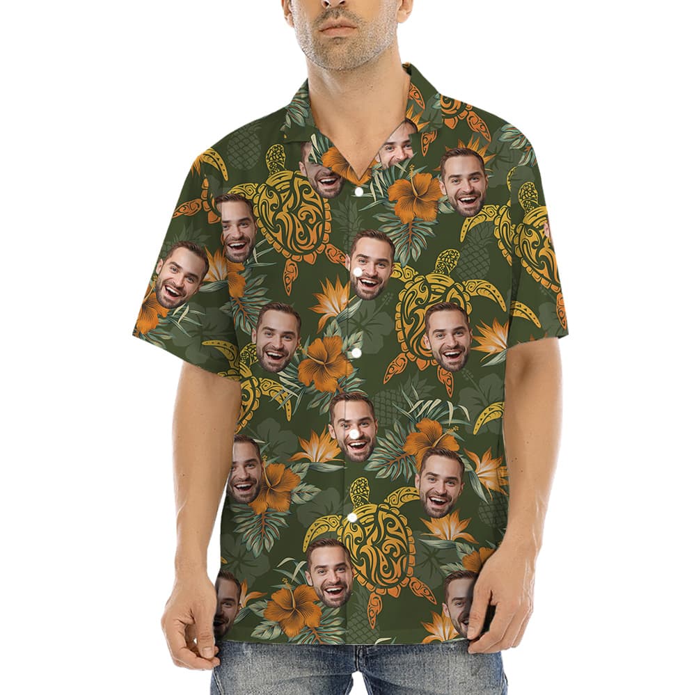 A Button Up Hawaiian Shirt with Custom Face on Green Turtle Theme