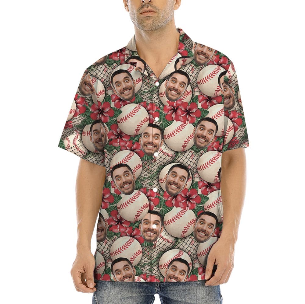 Custom Baseball Floral Hawaiian Shirt With Face is a button up style with short sleeves and camp collar