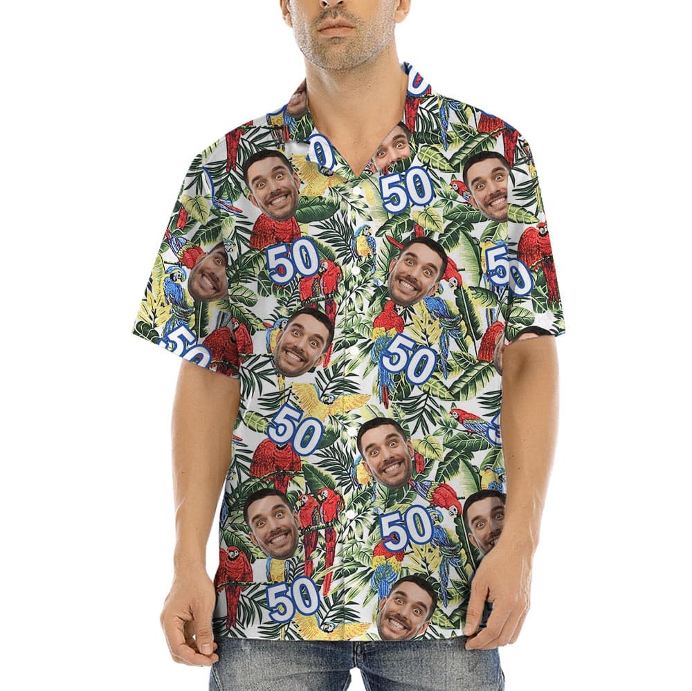 Custom Birthday Parrot Tropical Shirt For Men offer colorful Aloha print with your face and age
