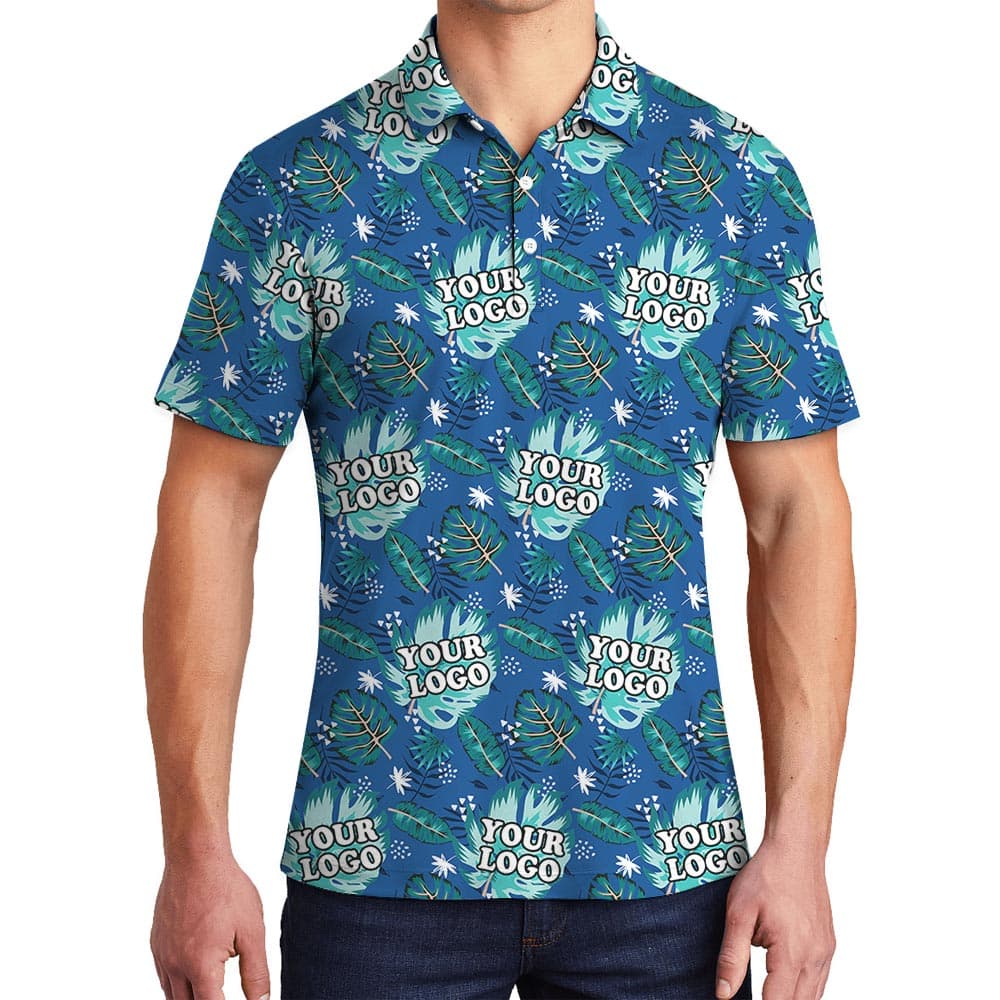 Custom Blue Team Hawaiian Polo Shirt With Logo allows custom your company logo on the ropical leaves print