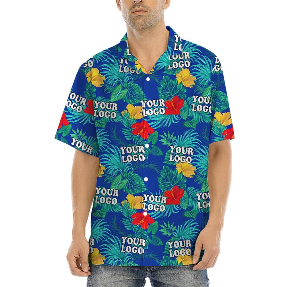 Custom Company Logo Hawaiian Shirt With Preview has a tropical print with red and yellow hibiscus set against a blue canvas
