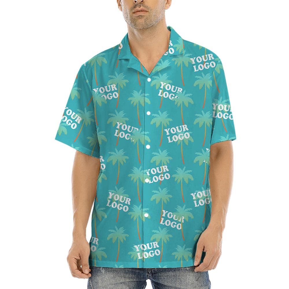 Custom Company Logo Palm Tree Blue Hawaiian Shirt has an attractive neon palm print with option to custom your logo on it