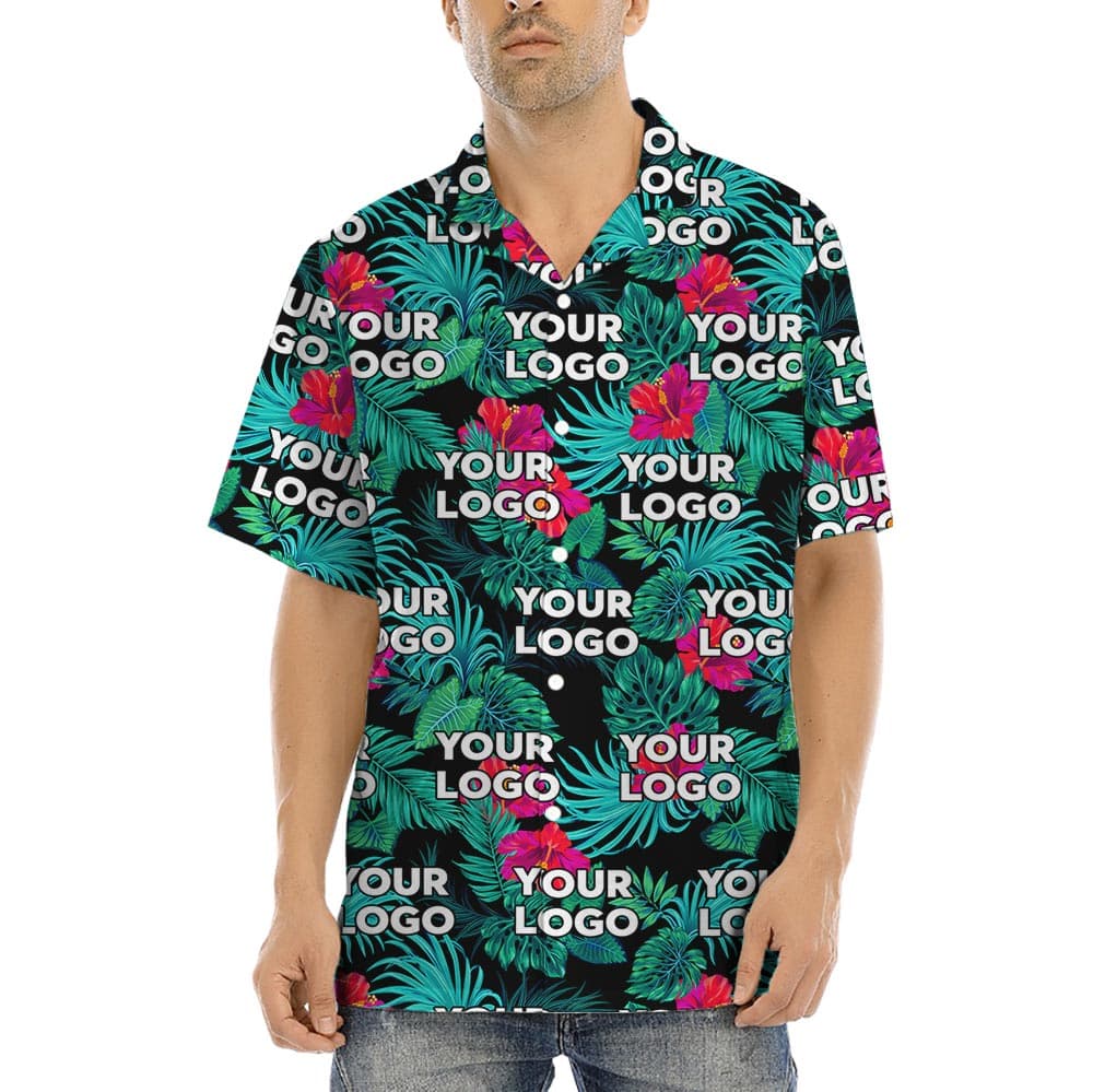 Custom Company Logo Tropical Shirt for Men has a beautiful Hawaiian print with pink flowers and you can blend your logo into it
