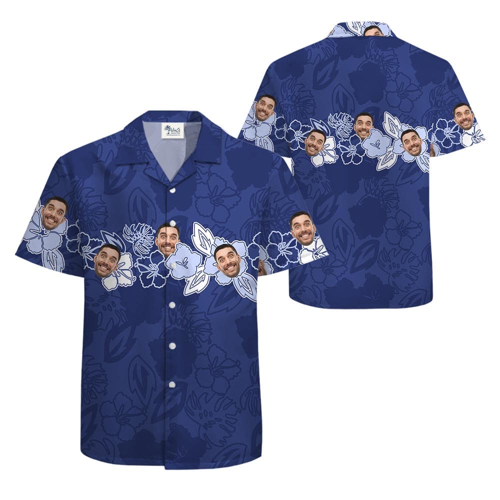 Custom Different Face Men's Tropical Button Up Shirt has a interesting print with customization on a blue canvas with hibiscus