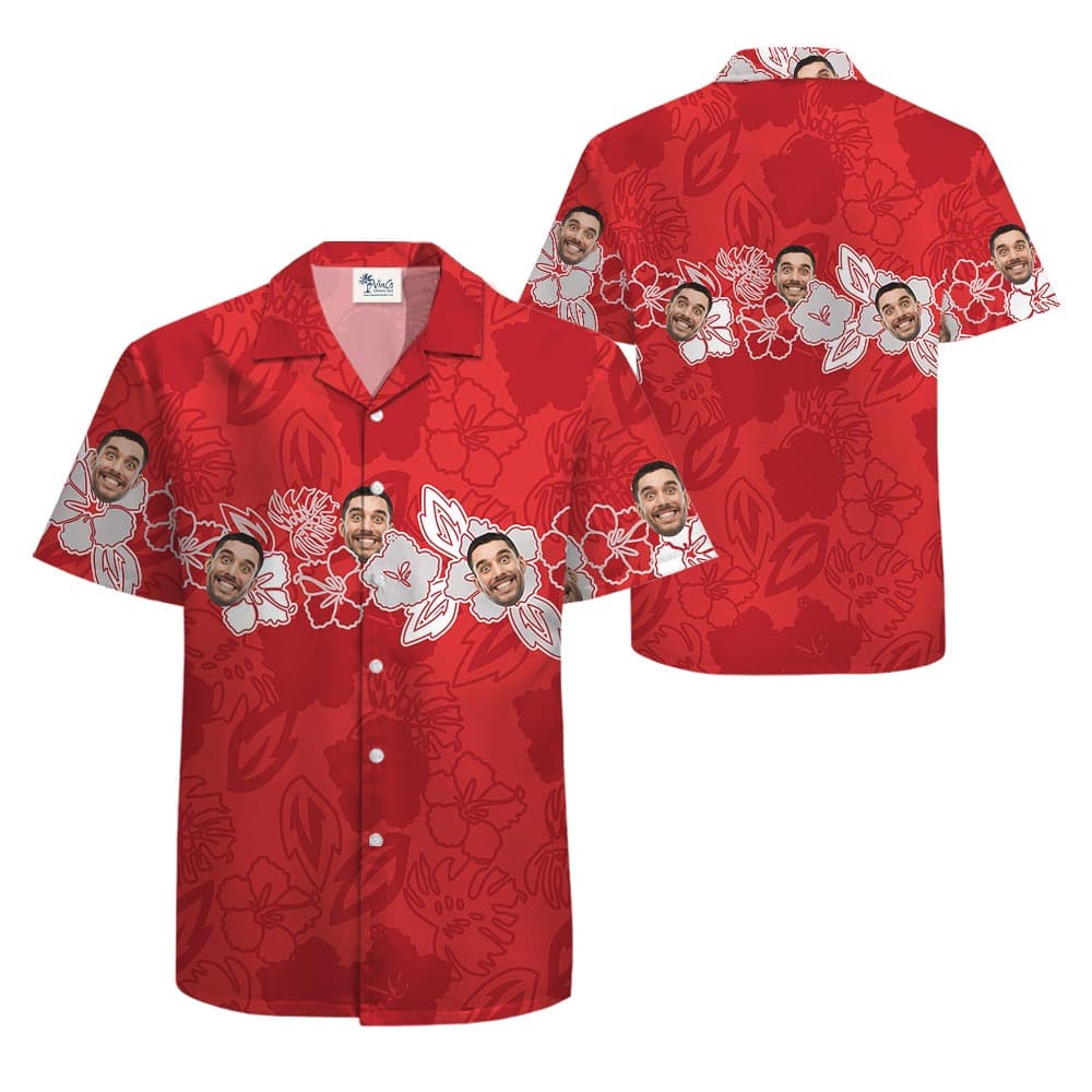 Custom Different Face Men's Tropical Button Up Shirt has a red print with hibiscus, looking so vintage and unique