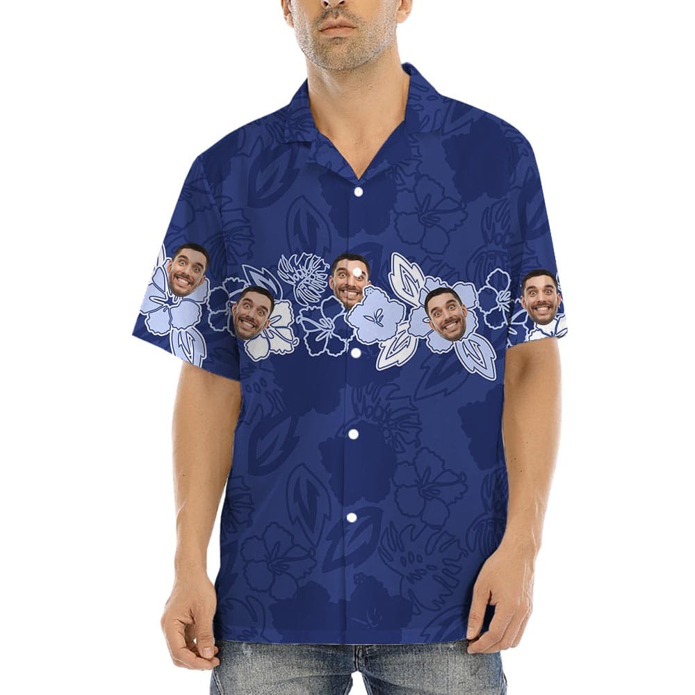 Custom Different Face Men's Tropical Button Up Shirt has attractive navy blue print with hibiscus